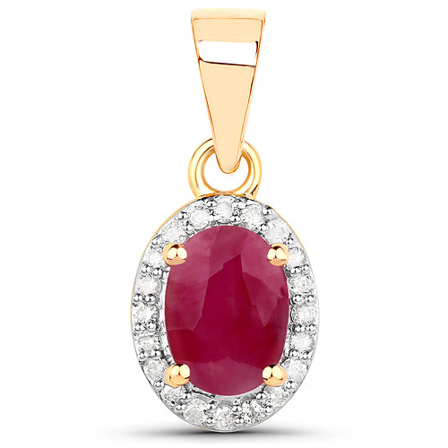 14K Yellow Gold Oval Ruby Halo Diamond Pendant