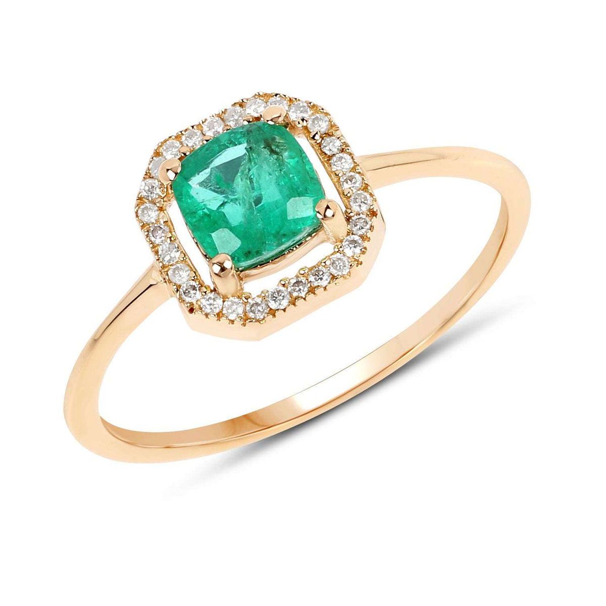 14K Yellow Gold 0.63 Carat Genuine Zambian Emerald and White Diamond Ring