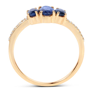 14KY Blue Sapphire Trilogy Diamond Side Ladies Ring US:7