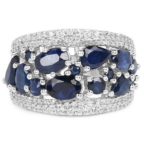Sterling Silver Blue Sapphire and White Zircon Ring Size US7