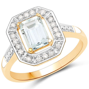 14K Yellow Gold 0.98 Carat Genuine Aquamarine and White Diamond Ring