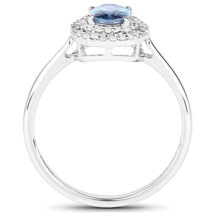10K White Gold Blue Sapphire Halo Diamond Ring US7
