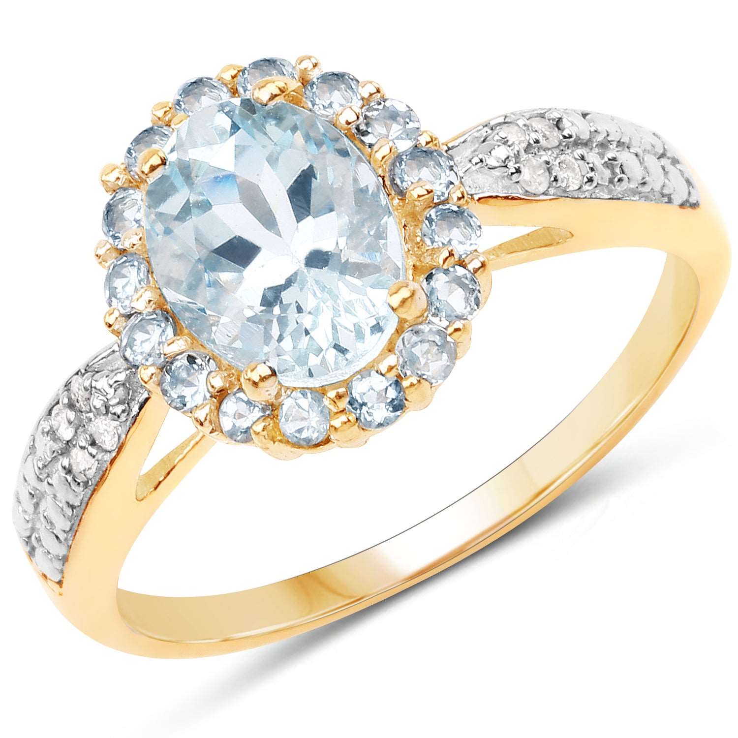10K Yellow Gold 1.40 Carat Genuine Aquamarine and White Diamond Ring