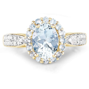 10K Yellow Gold 1.40 Carat Genuine Aquamarine and White Diamond Ring