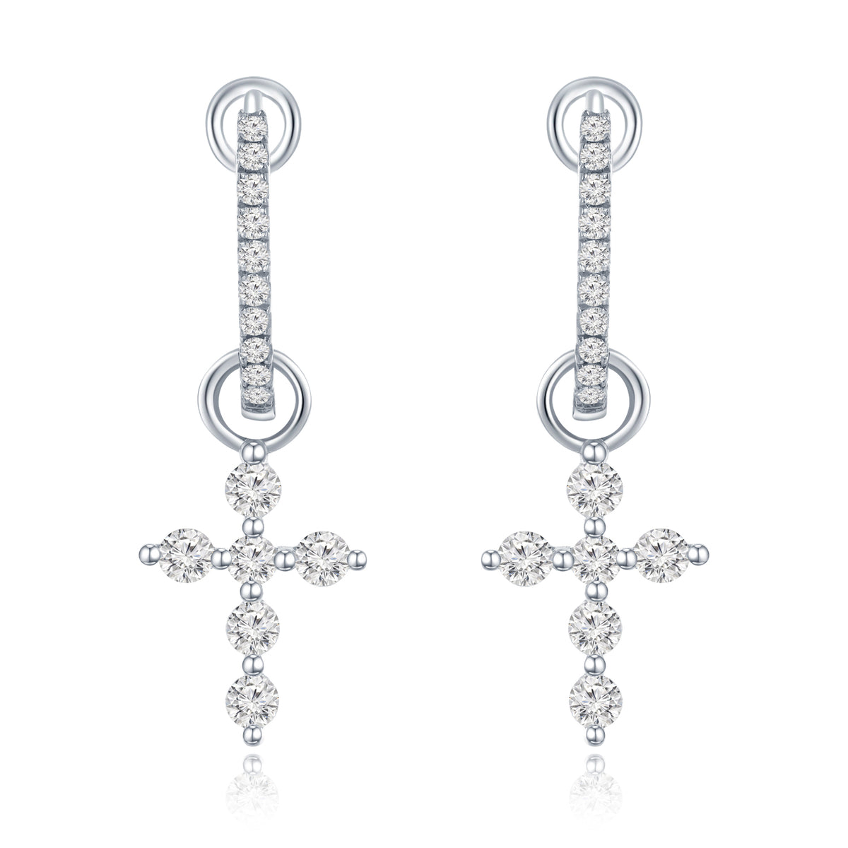 18K White Gold Diamond Cross Earrings
