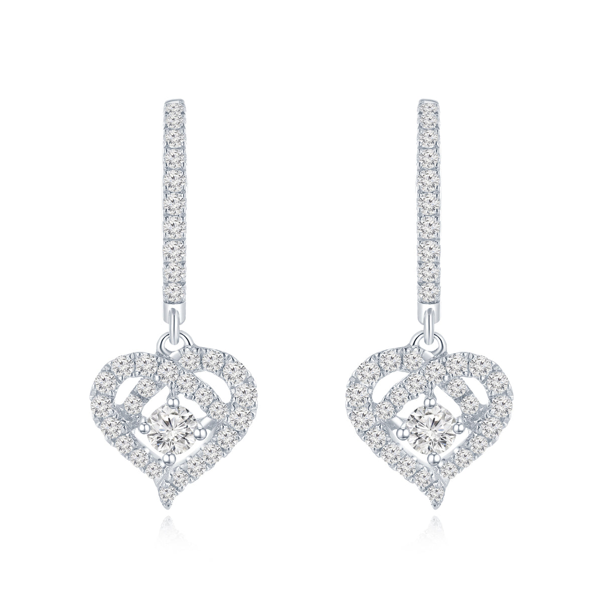 18K White Gold Heart Diamond Dangle Earrings
